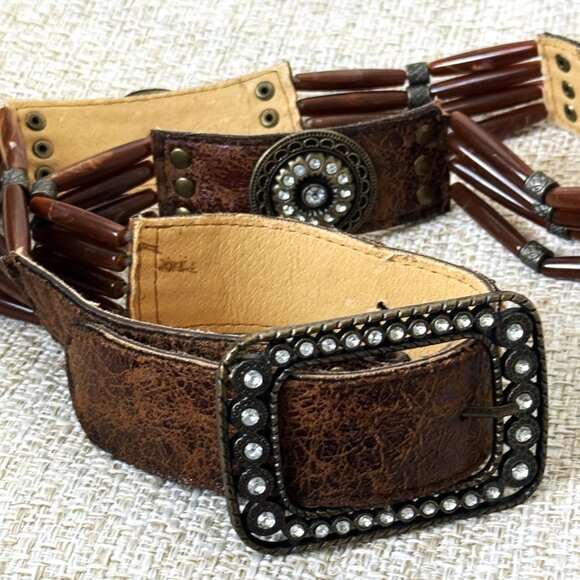 Women's Brown Belt Vintage Handmade Western Style Leather Metal Crystal Buckle M - Picture 5 of 14